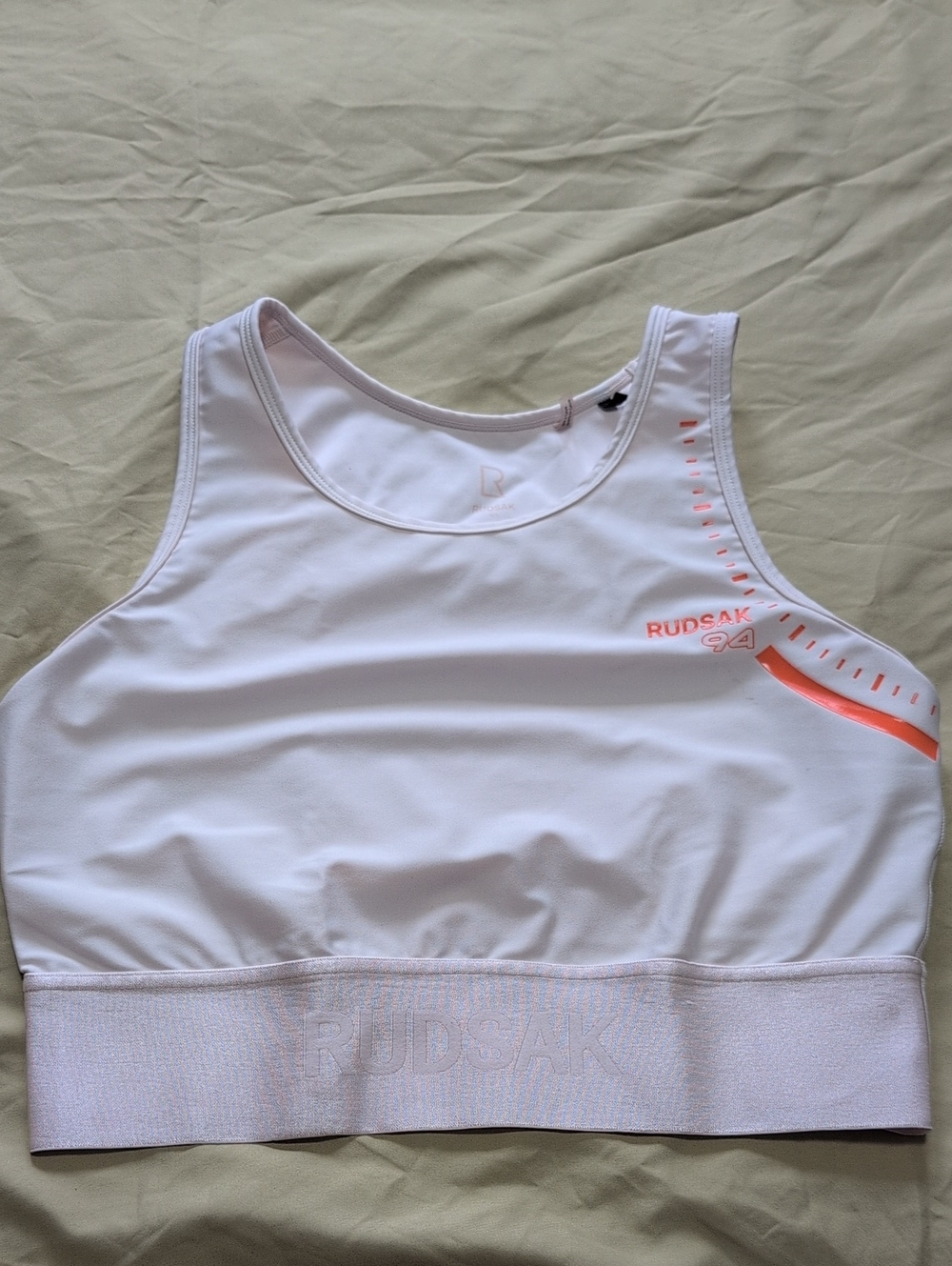 RUDSAK White Crop Athletic Tank/Sports Bra with Orange Accent